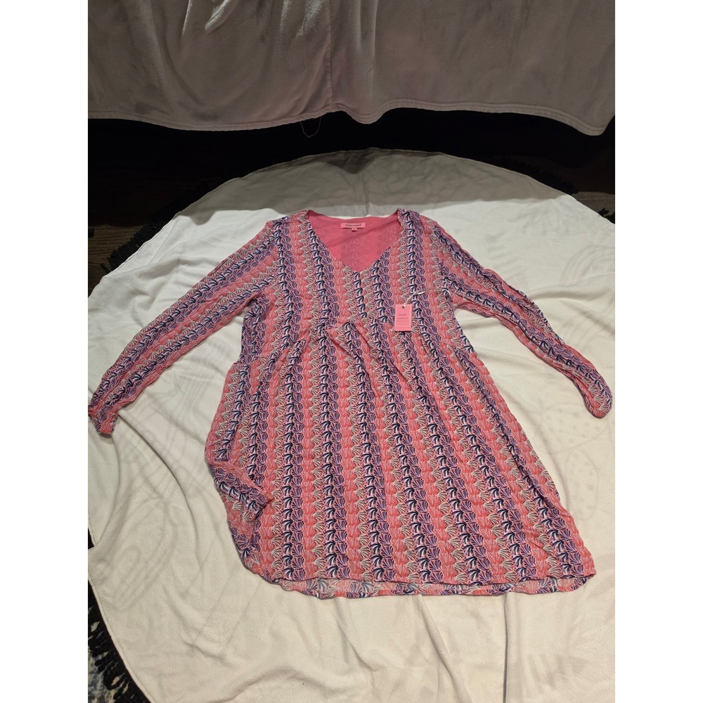 Simply Southern Pink Purple Seashell Print V-Neck Long Sleeve Dress XL NWT
